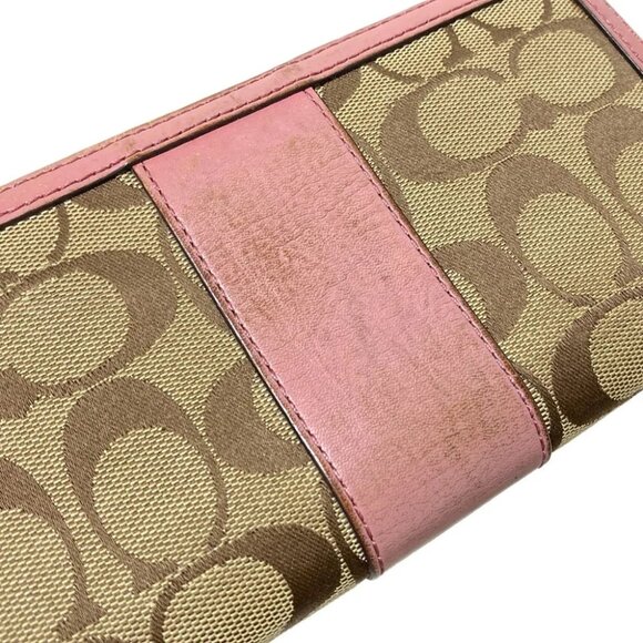 Auth COACH Signature - Khaki Pink Jacquard Leather Long Wallet - Picture 6 of 14